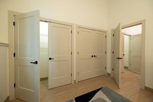 A hallway with white doors and a rug on the floor.