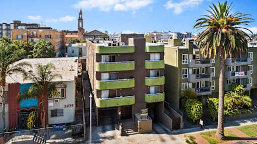 A tall green and beige building with a palm tree in front.