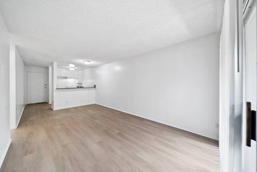 A room with a white ceiling and light wood flooring.