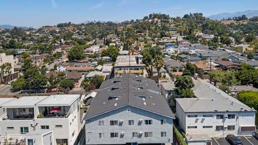 A residential area with houses and buildings.