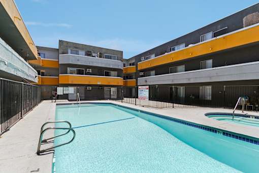 A swimming pool in a residential area.