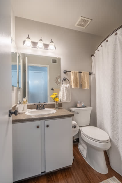 A bathroom with a white toilet, sink, and a white shower curtain.