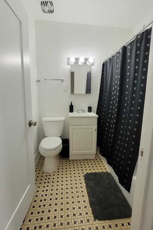 A small bathroom with a toilet, sink, and shower curtain.