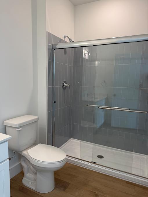 A white toilet sits next to a walk-in shower.