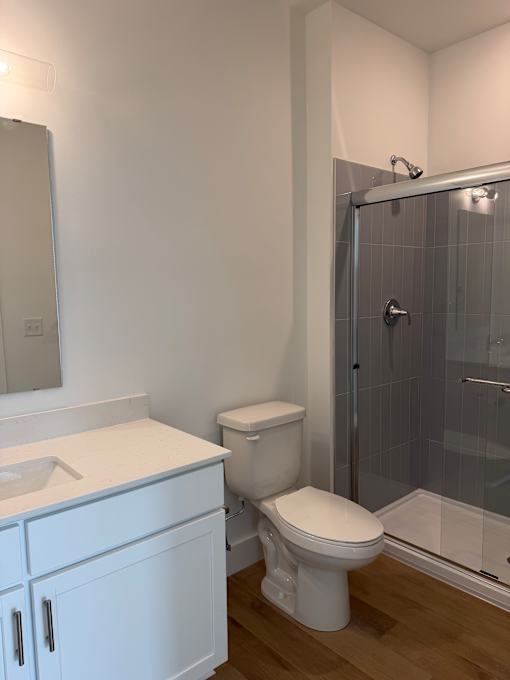A white toilet sits next to a walk-in shower in a bathroom.