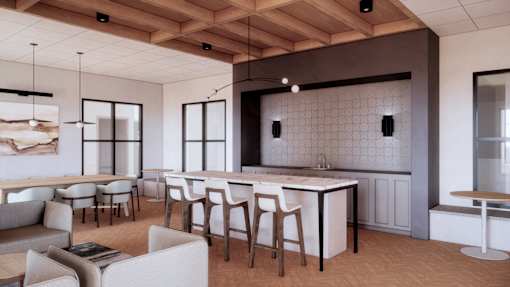 A modern kitchen with a wooden ceiling and white cabinets.