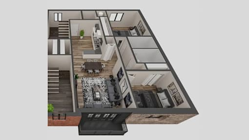 A 3D rendered image of a modern house interior.