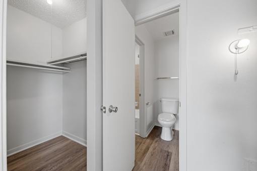 A white bathroom with a toilet and a walk-in closet.