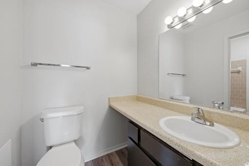 A white toilet sits next to a sink in a bathroom.