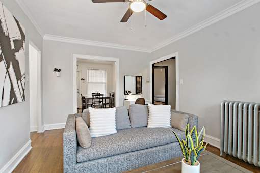 A living room with a grey couch and a ceiling fan.