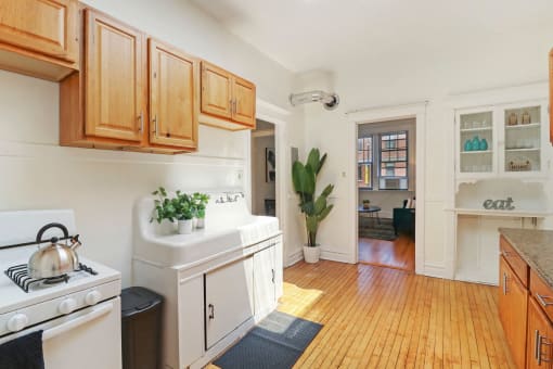 a kitchen with a stove and a sink and a door to a living room