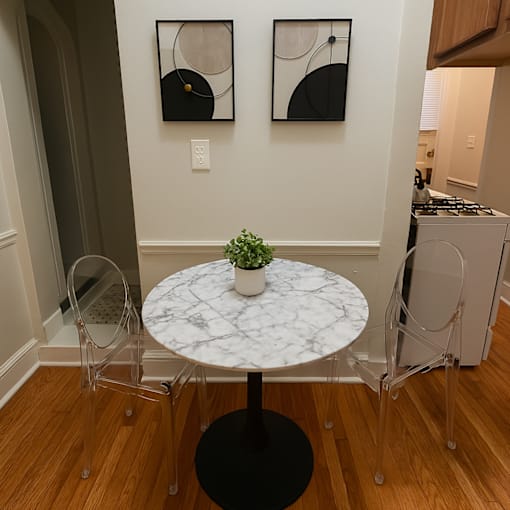 A white marble table with a plant on it and two chairs with clear plastic frames.