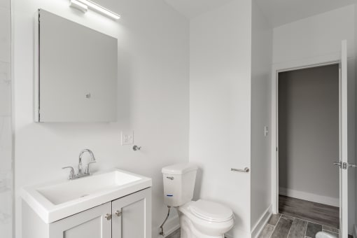 a bathroom with a sink toilet and a mirror