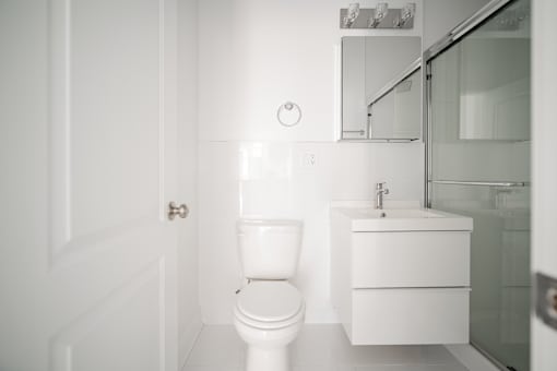 A white toilet sits next to a sink in a bathroom.