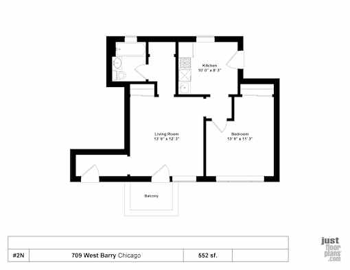 A drawing of a house layout with a living room, kitchen, and two bedrooms.