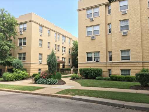 A beige apartment building with green bushes in front.