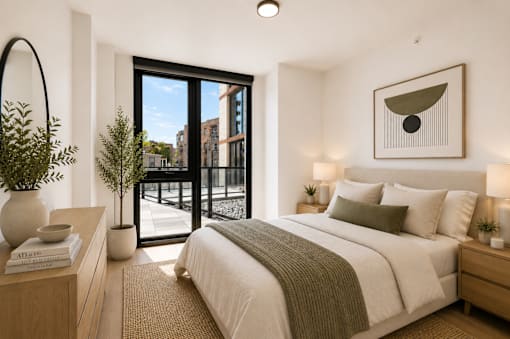 A bedroom with a large bed and a view of the city through the window.
