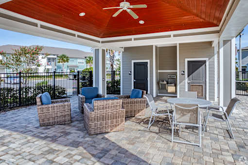 A patio with a table and chairs under a roof.