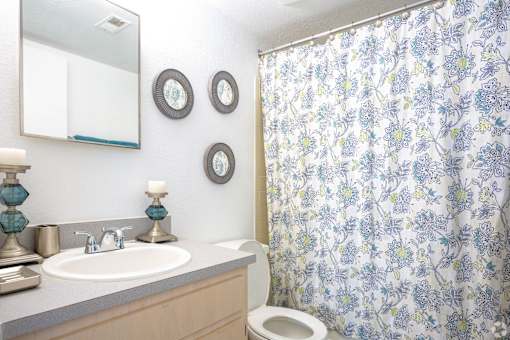 A bathroom with a floral shower curtain and a white toilet.