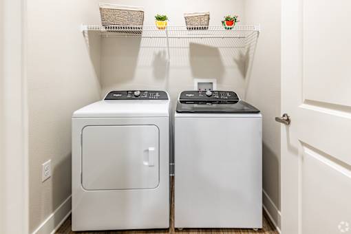 A small laundry room with a washer and dryer.