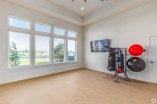 A room with a large window, a TV, and exercise equipment.