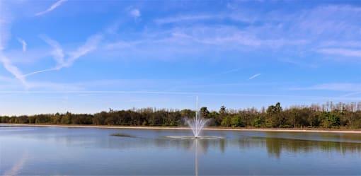 A fountain in the middle of a lake with trees in the background.
