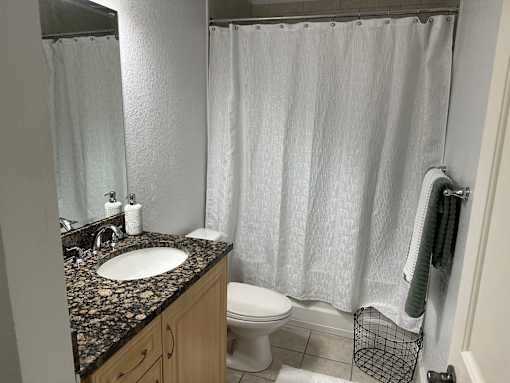 A bathroom with a white toilet, sink, and shower curtain.