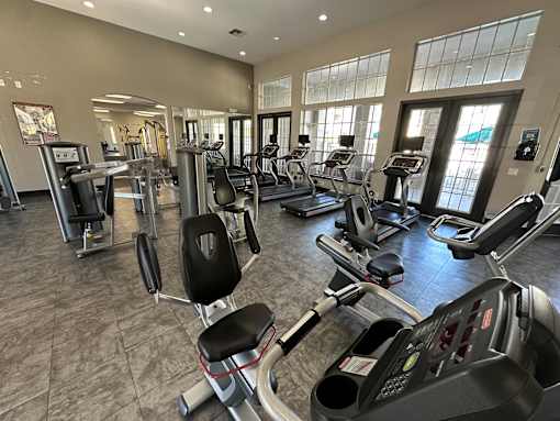 A gym with treadmills and elliptical machines.