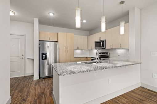 A kitchen with a granite countertop and stainless steel appliances.