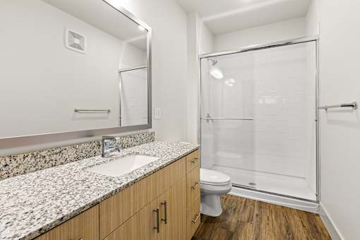 A bathroom with a sink, toilet, and shower.