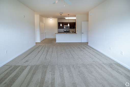 A large, empty room with a carpeted floor and a ceiling fan.