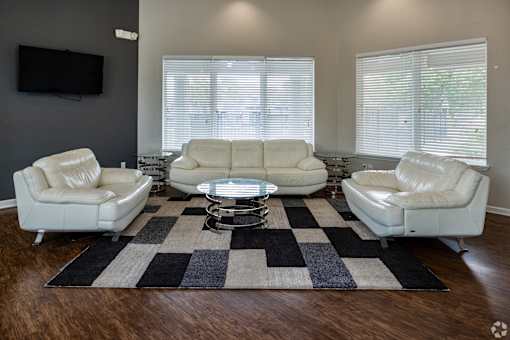 A living room with white leather furniture and a black and white rug.