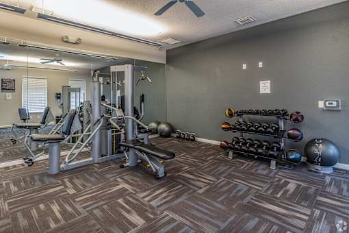 A gym with a variety of equipment and weights.