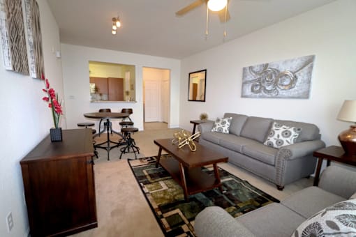 A living room with a grey couch and a wooden coffee table.