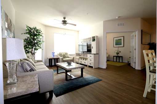 A living room with a couch, a coffee table, and a ceiling fan.