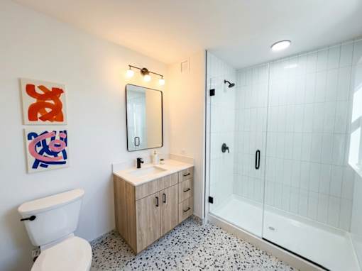 A bathroom with a white toilet, a sink with a mirror above it, and a shower with a glass door.