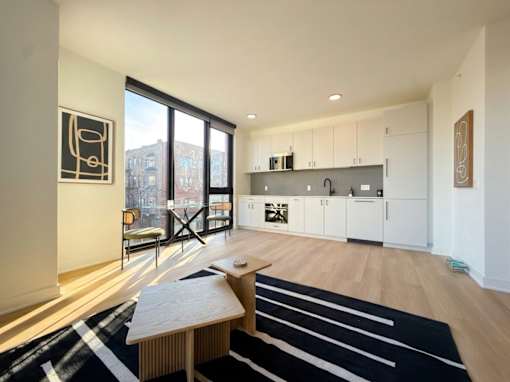 A modern kitchen with white cabinets and a black and white rug.