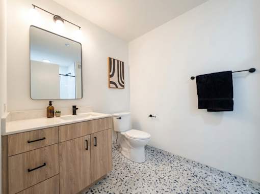 A bathroom with a toilet, sink, and a mirror.