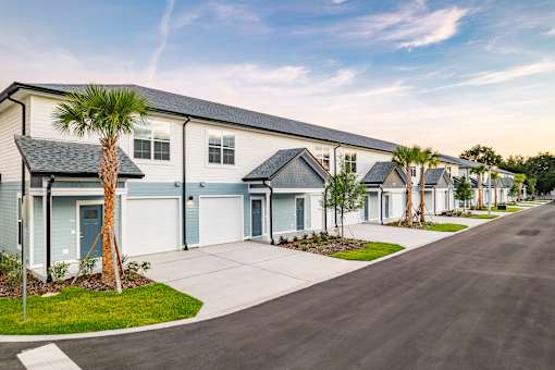 A row of houses with a palm tree in front of the first one.