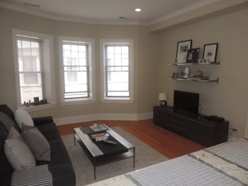 a living room with a couch and a coffee table