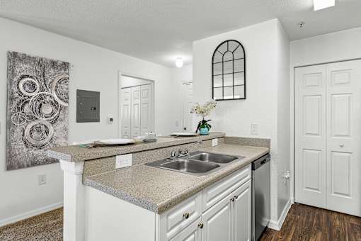 A kitchen with a sink and a window.