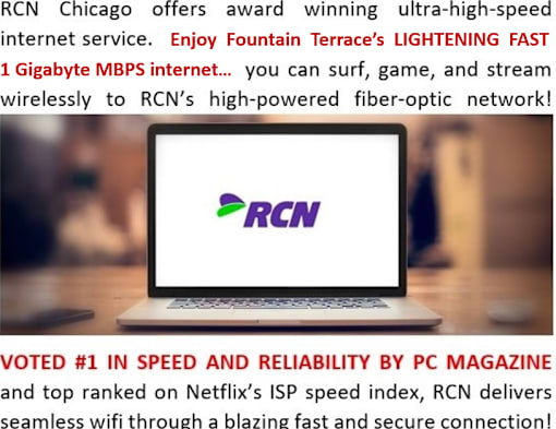 A laptop displaying the RCN logo with text about their internet service.