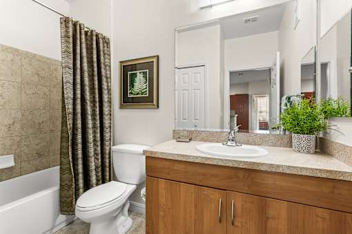 A bathroom with a toilet, sink, and mirror.