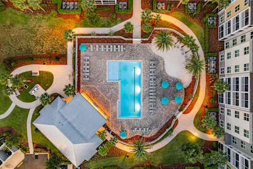 A pool surrounded by palm trees and a building.