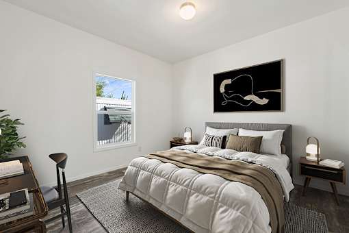 Model bedroom at Desert Valley Oasis MHC in Mesa, AZ.