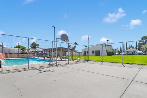 A basketball court with a basketball hoop and a pool in the background.
