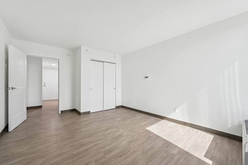 A room with white walls and wooden flooring with a rug in the middle.