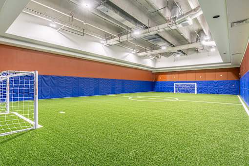 A soccer field with a goal post on the left side.