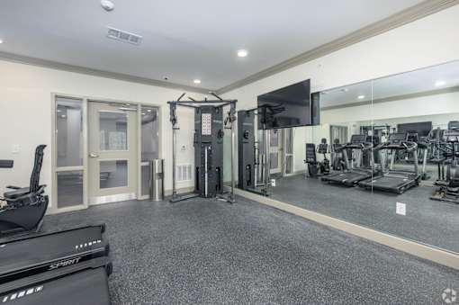 A spacious gym with a variety of equipment including treadmills, weights, and a television.