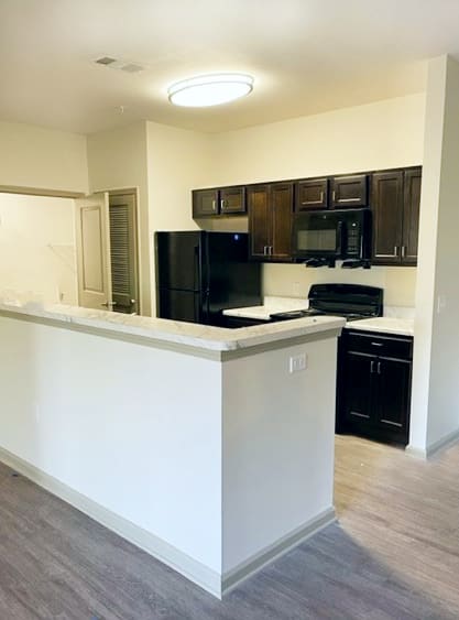 A kitchen with black appliances at Arbours at Covington Apartments, Georgia, 30014